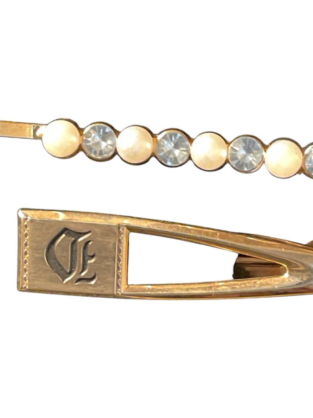 Tie Clip-1 with gold tone faux pearls and glass- 1 vintage Hickok with Letter